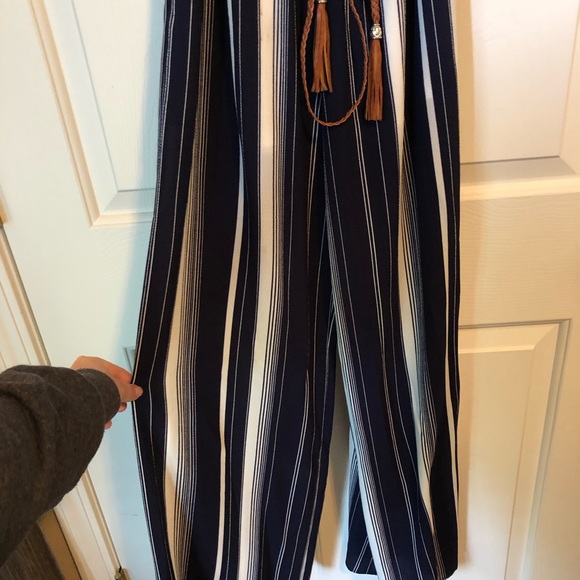 Navy & White striped jumpsuit with brown belt - Picture 4 of 4